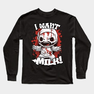 Spooky "I Want Milk" Mummy Cartoon Tee Long Sleeve T-Shirt